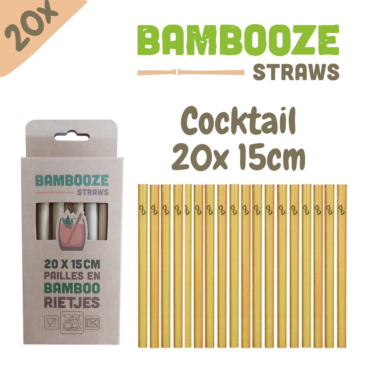 Herbruikbare Bambooze rietjes - 20x = Cocktails rietjes 15cm | UITZONDERLIJKE KWALITEIT  bamboe rietjes | VAATWASBESTENDIG